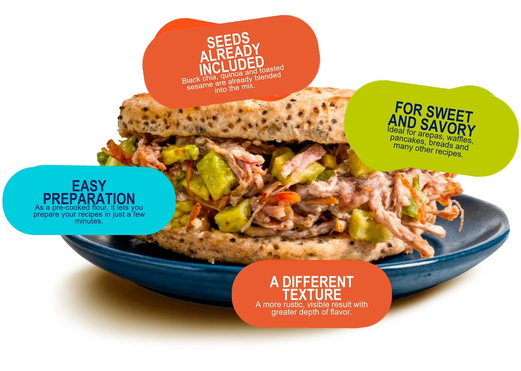 Arepa prepared with multiseeds and benefit labels